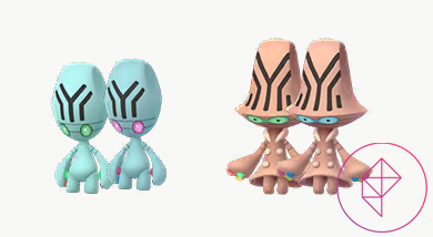 Shiny Elgyem and Beheeyem with their normal versions. Shiny Elgyem has pink eyes and Shiny Beheeyem has blue eyes