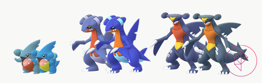 Shiny Gible, Gabite, and Garchomp side by side. Shiny Gible is a more teal-blue with a yellow tummy. Shiny Gabite is a brighter blue with neon teal highlights. Shiny Garchomp is a more faded blue.