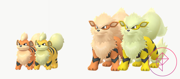 Growlithe and Arcanine with their Shiny versions. Both Shinies turn yellow.