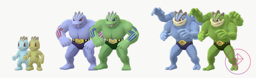 Shiny Machop, Machoke, and Machamp with their regular versions. The Shiny versions are all tinted green, rather than blue.