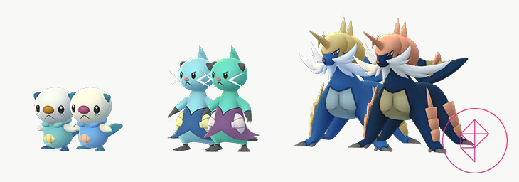 Shiny Oshawott, Dewott, and Samurott with their normal forms. Shiny Oshawott is more blue than teal, Shiny Dewott is more teal than light blue and Shiny Samurott is a darker blue.