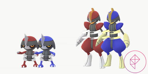 Shiny Pawniard and Bisharp with their normal forms. Both shiny forms turn blue in their usually red areas.