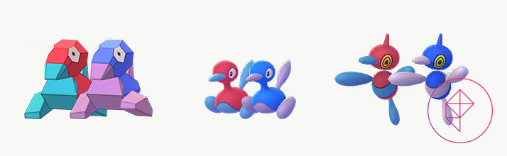 Porygon, Porygon2, and Porygon-Z standing next to its Shiny forms. The regular forms are pink and teal, but they become navy blue and purple when Shiny.