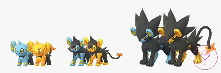 Shinx, Luxio, and Luxray with their Shiny forms. All three turn gold from blue.