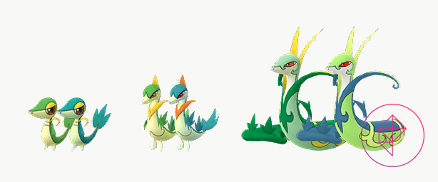 Shiny and normal Snivy and its evolutions. Shiny Snivy and its evolutions are slightly bluer shades of green. Shiny Serperior has more neon-like colors and Shiny Servine has deeper orange colors instead of gold.