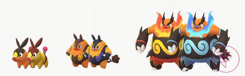 A comparison between Tepig, Pignite, and Emboar’s normal and Shiny colors. Shiny Tepig is more golden and red. Shiny Pignite is a lighter orange with light purple accents. Shiny Emboar has blue flames and accents.