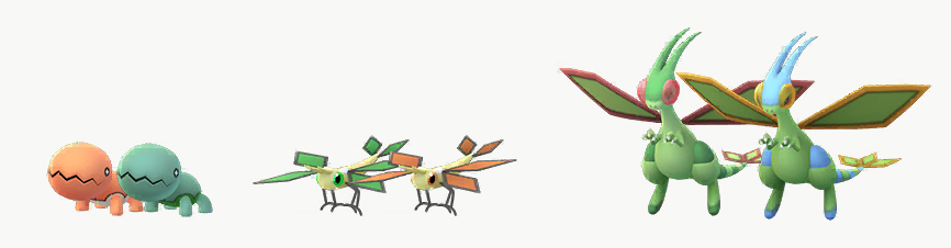 Shiny Trapinch, Vibrava, and Flygon stand next to their Pokémon Go Shiny variants