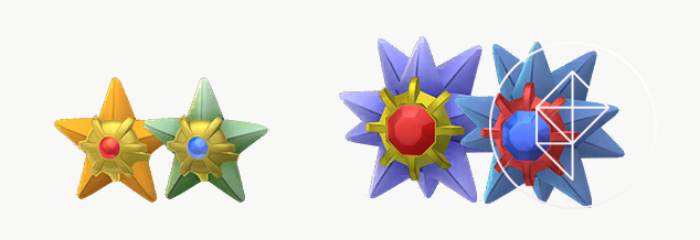Shiny Staryu and Starmie stand next to their original versions. Shiny Staryu is green with a blue gem and Shiny Starmie is blue with a matching blue gem.