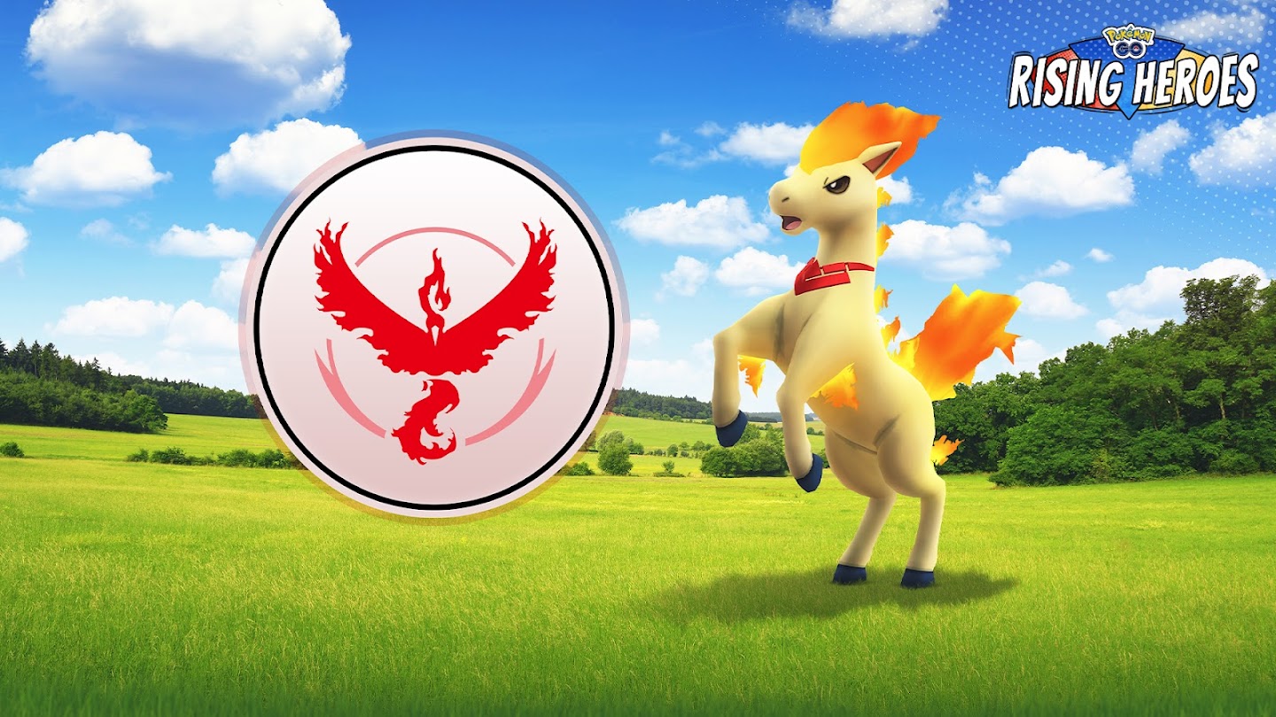 The Team Valor badge next to a Ponyta wearing a Candela-themed accessory in Pokémon Go.