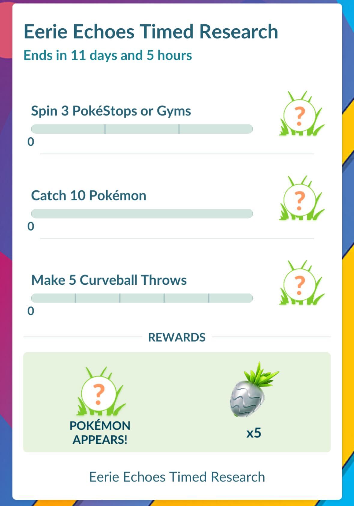 The first three steps of the Eerie Echoes Timed Research in Pokémon Go