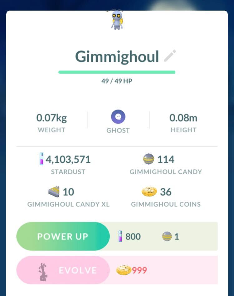 Gimmighoul stat screen in Pokémon Go