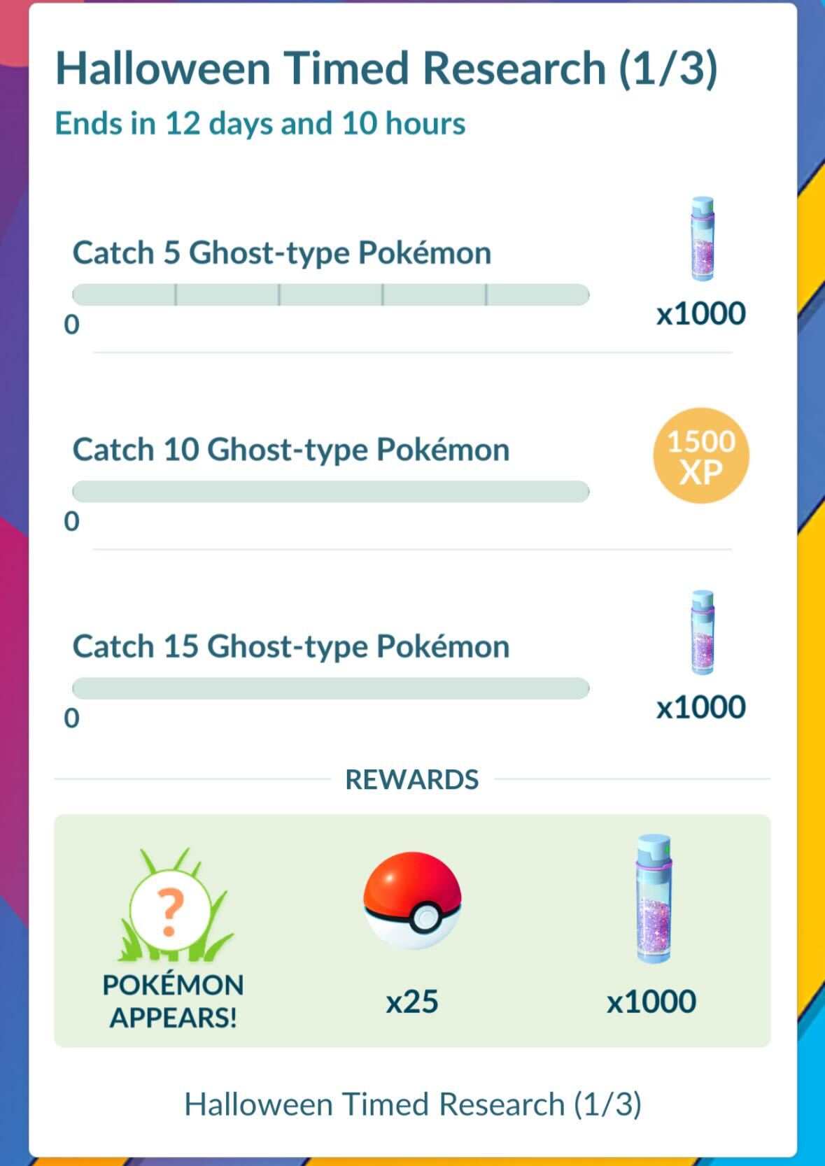 The first three steps of the Halloween Timed Research in Pokémon Go