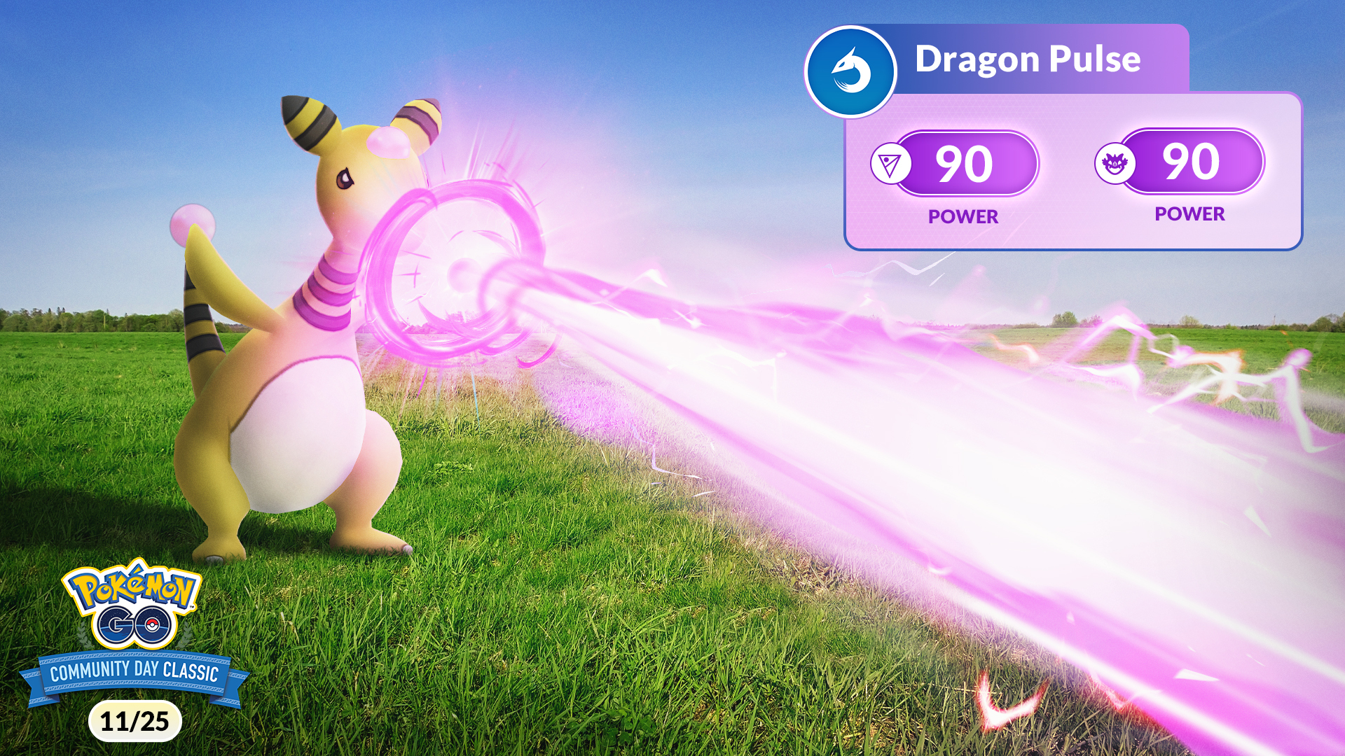 Ampharos using Dragon Pulse in a grassy field