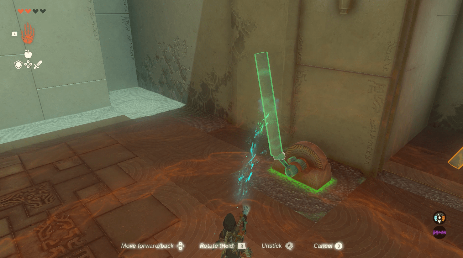Link using a log to use a machine lever in the Legend of Zelda: Tears of the Kingdom