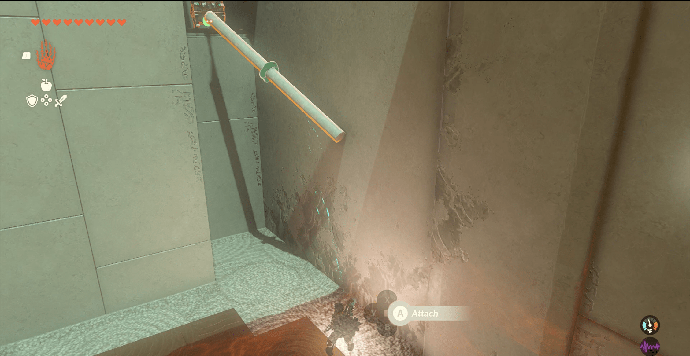 Using a log to grab the chest from the ledge in The Legend of Zelda: Tears of the Kingdom