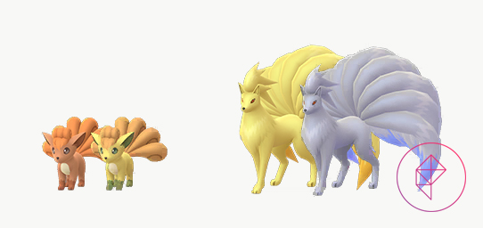 Vulpix and Ninetales next to their Shiny forms. Vulpix is usually orange but turns gold when Shiny. Vulpix, normally gold, turns silver and blue.