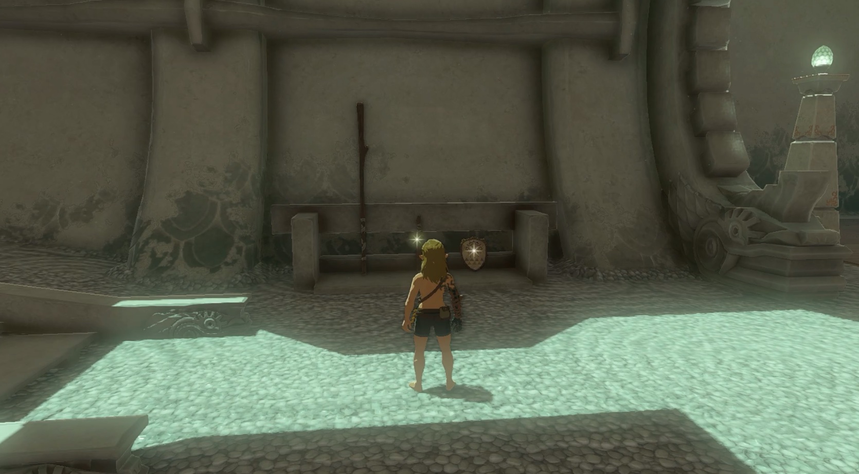 Link standing in front of weapons in the Sifumim Shrine in Zelda: Tears of the Kingdom