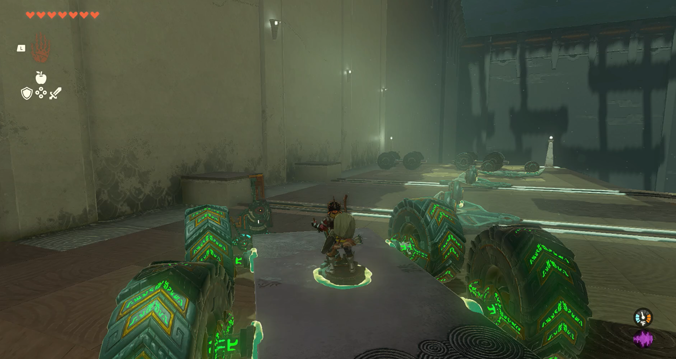 Link about to run over a construct in a four-wheeled vehicle in Zelda: Tears of the Kingdom