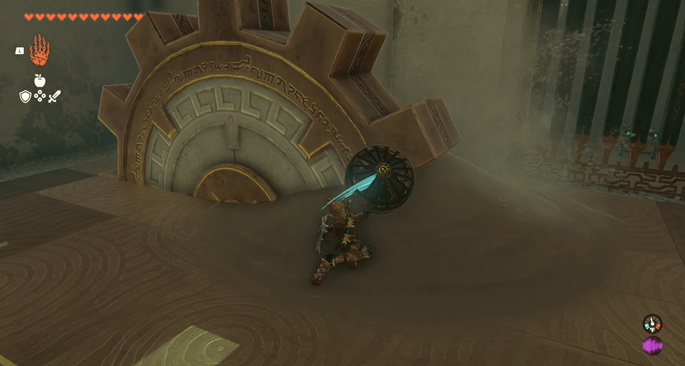 Removing sand from a cog using a Fan Guster, which is a hammer with a fan on it