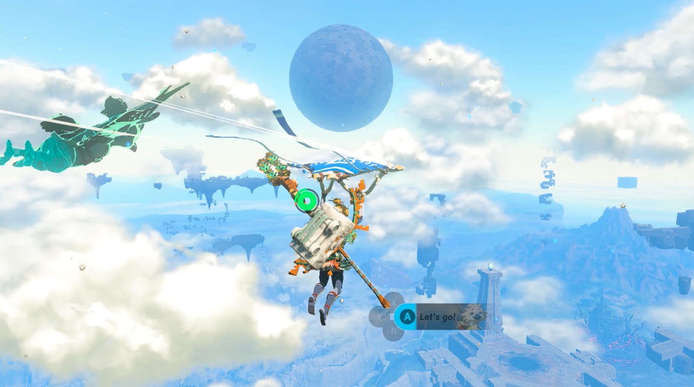 Link paraglides around Gerudo Highlands Sky region in Zelda: Tears of the Kingdom
