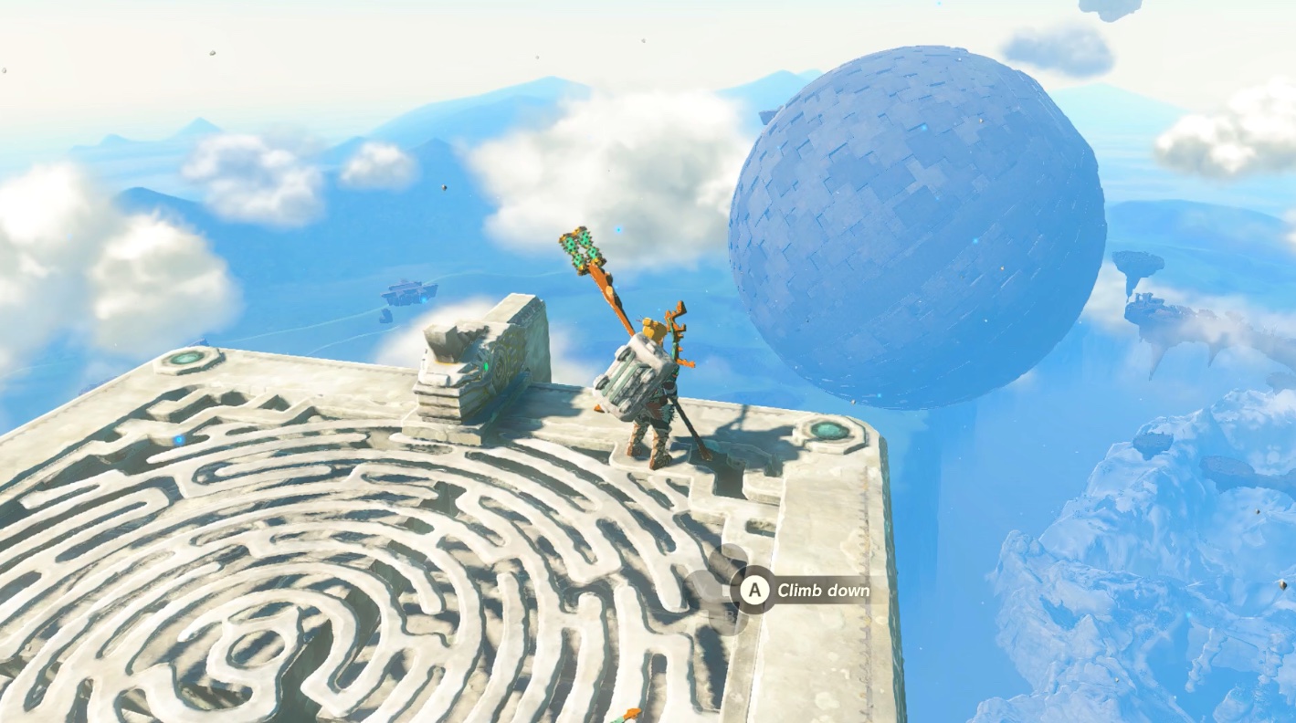 Link stands on a hover platform around Gerudo Highlands Sky region in Zelda: Tears of the Kingdom