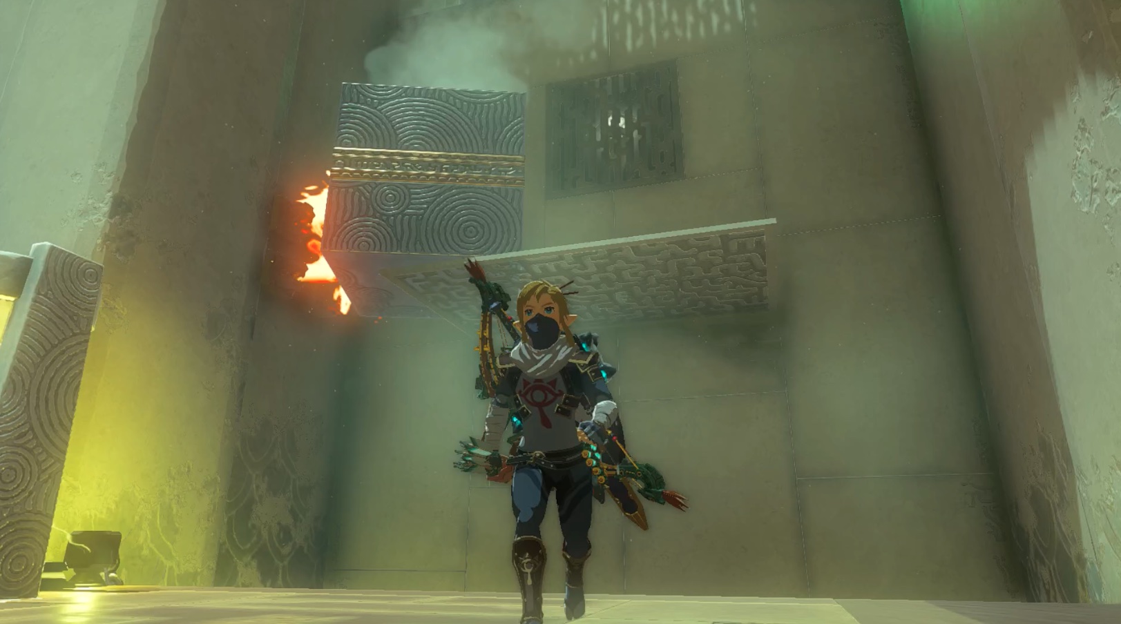 Link blocks fire with stone in the Tadarok Shrine Fire and Water challenge in Zelda: Tears of the Kingdom