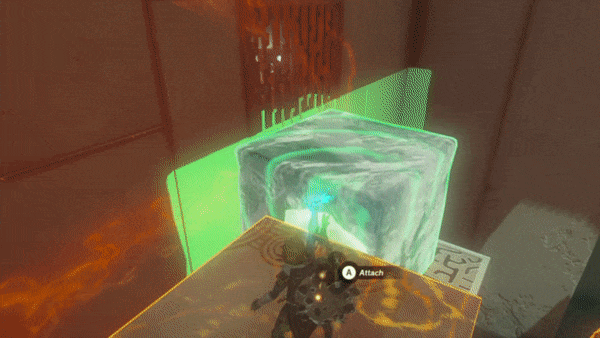 Link creates an elevator with Recall in the Tadarok Shrine Fire and Water challenge in Zelda: Tears of the Kingdom