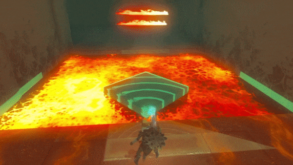 Link slides a cube through lava in the Tadarok Shrine Fire and Water challenge in Zelda: Tears of the Kingdom
