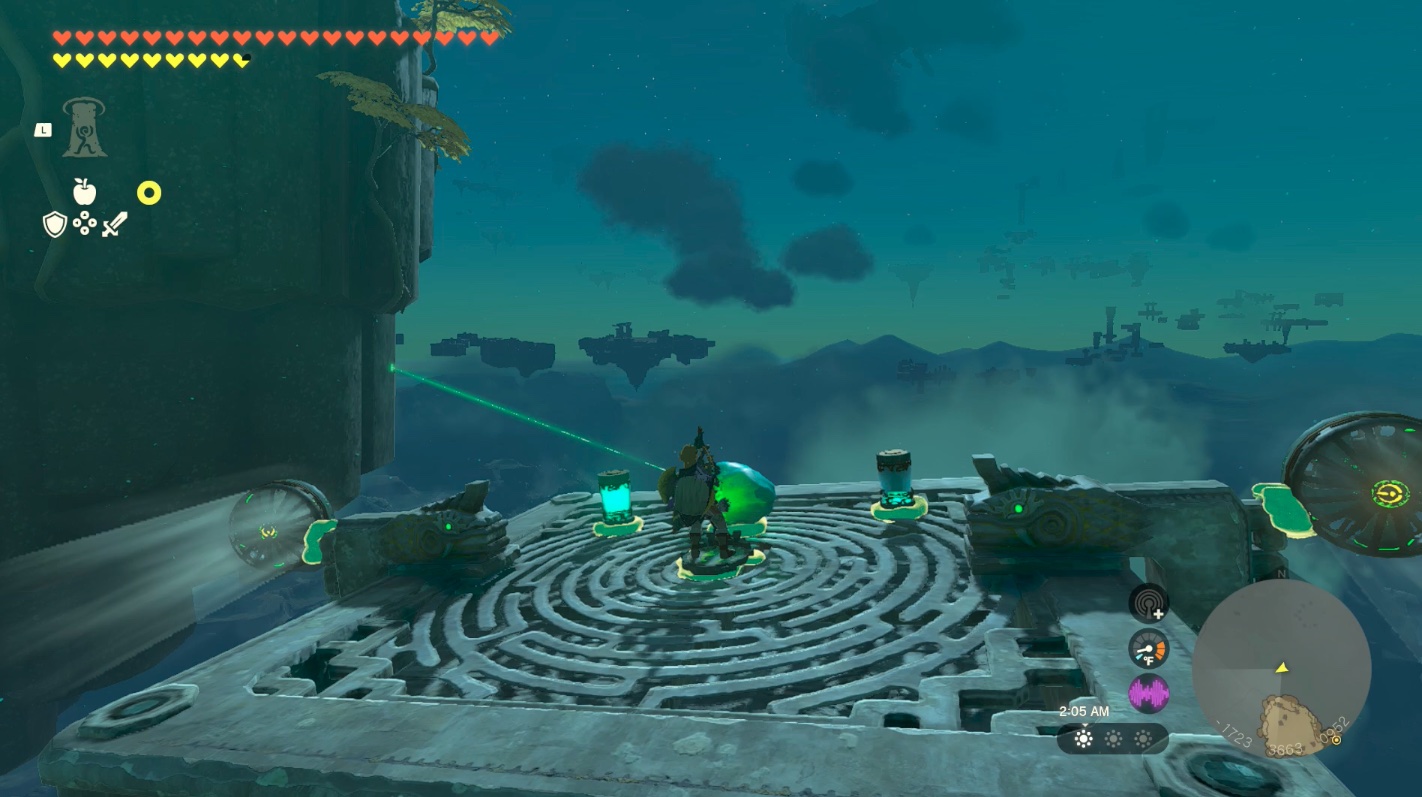 Link delivers the Taninoud Shrine crystal at the East Hebra Sky Archipelago in Zelda: Tears of the Kingdom