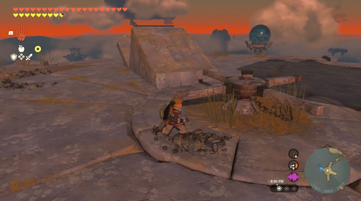 Link runs toward the wheel at the Taninoud Shrine and East Hebra Sky Crystal in Zelda Tears of the Kingdom