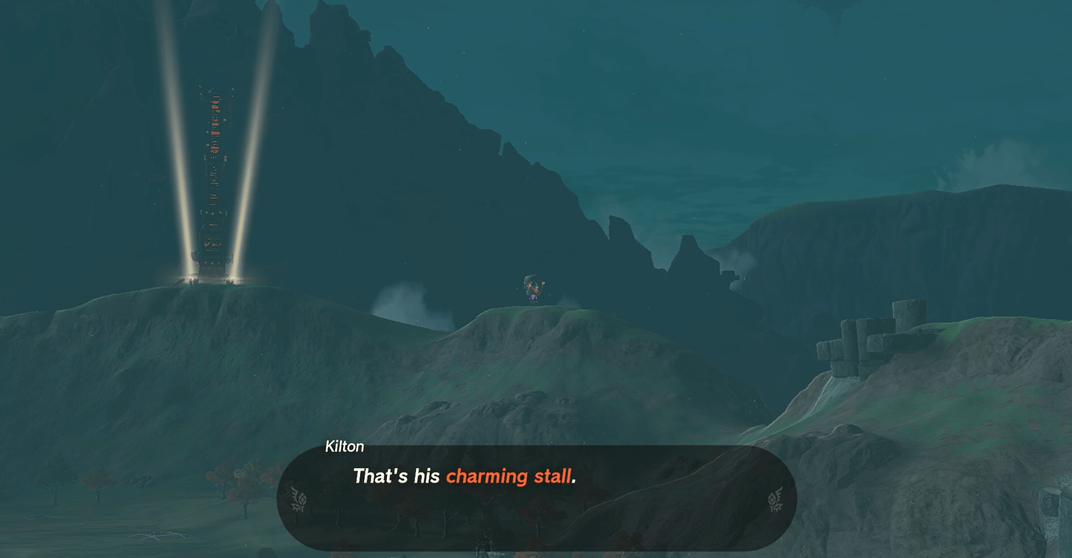 Two structures in the distance, a skytower and a small shop, in The Legend of Zelda: Tears of the Kingdom