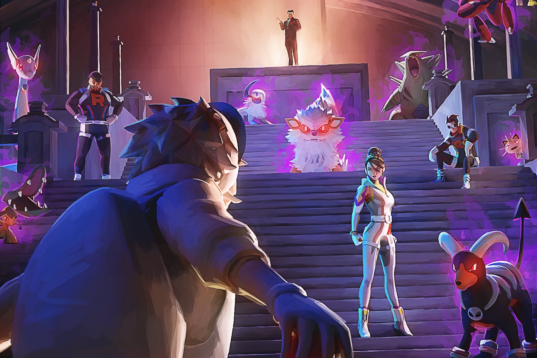 Artwork from Pokemon Go showing the new Team Rocket admins, Giovanni, and a group of shadow Pokemon