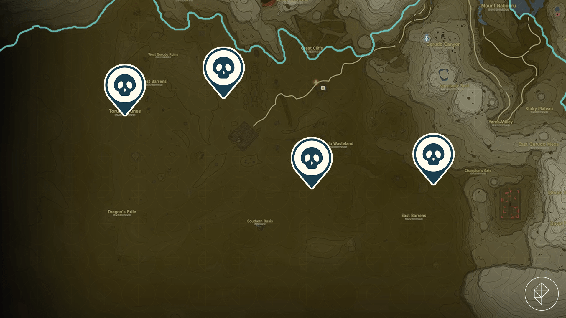 A map shows the locations of Molduga in Gerudo Desert in Zelda Tears of the Kingdom.