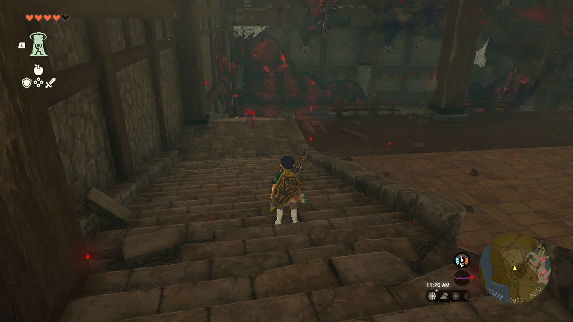 Link stares at a gloom puddle in Hyrule Castle in Zelda Tears of the Kingdom.