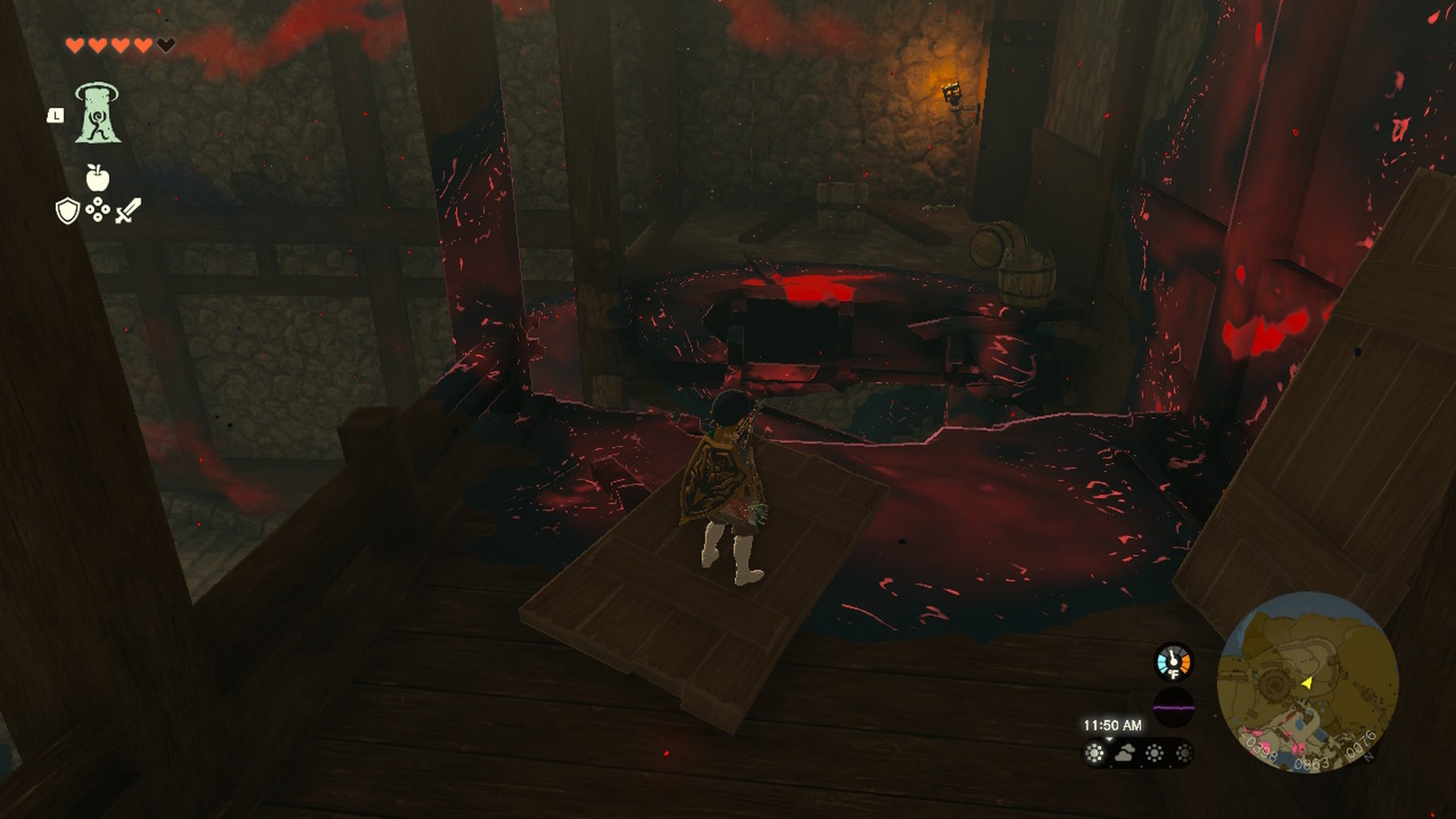 Link places a board on puddle of gloom to find the Royal Guard armor in Hyrule Castle in Zelda Tears of the Kingdom.