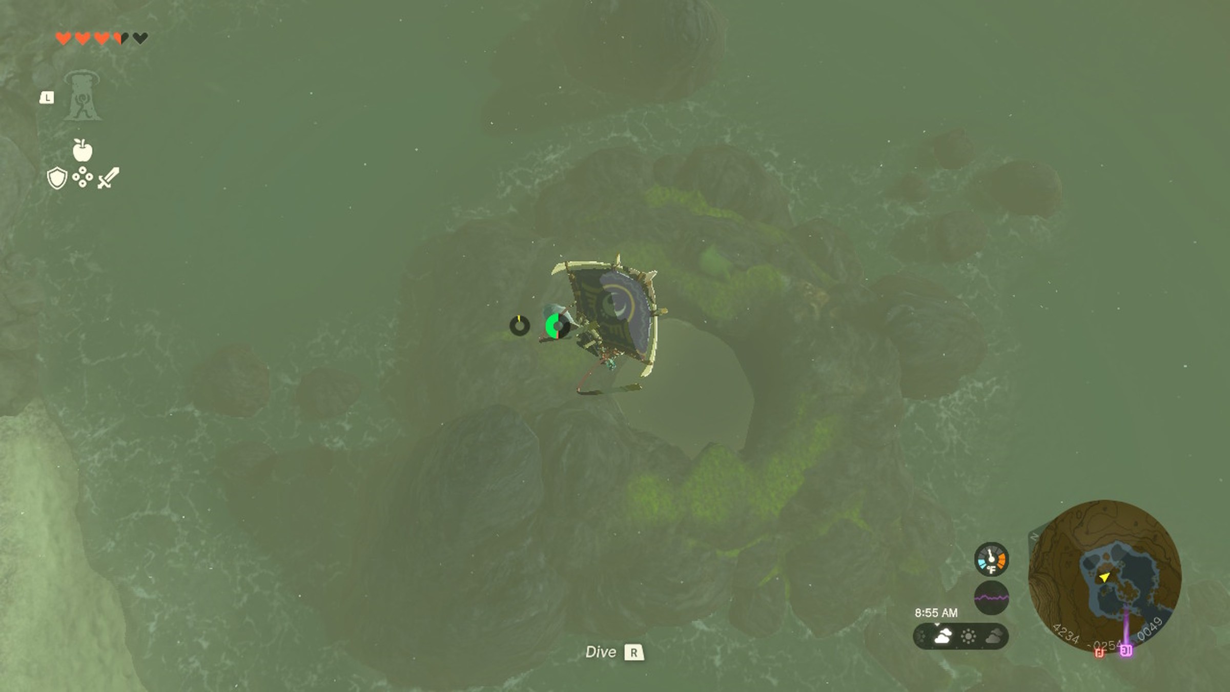 Link uses a glider to drop into a lagoon while looking for the rubber armor in Zelda Tears of the Kingdom.