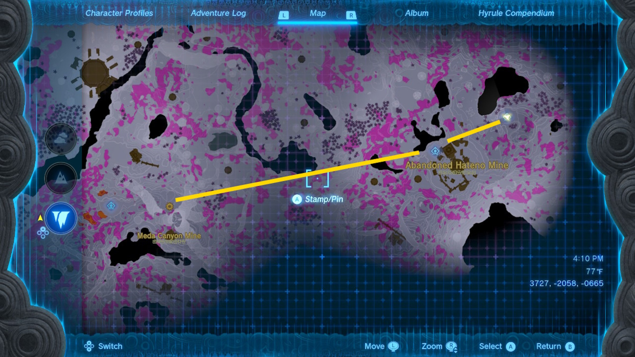 A map shows the location of a route through the Depths to the Sky Armor in Zelda Tears of the Kingdom.