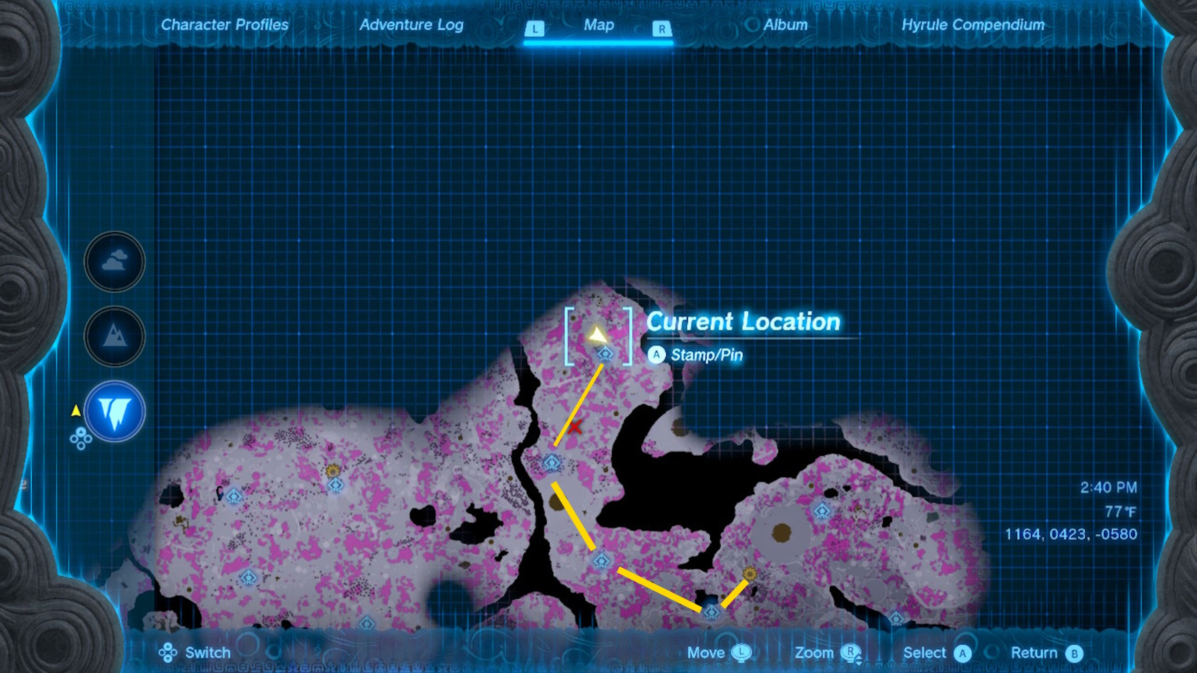 A map shows the route to the tunic of the sky armor in the Depths in Zelda Tears of the Kingdom.