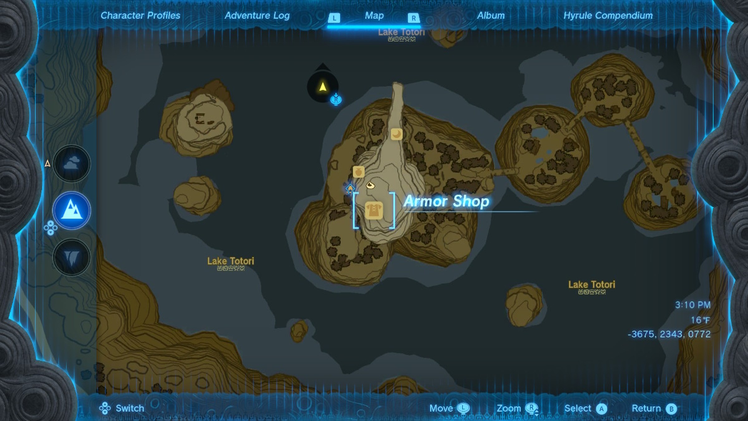 A map shows the location of the Rito Village shop that sells the Snowquill Armor in Zelda Tears of the Kingdom.