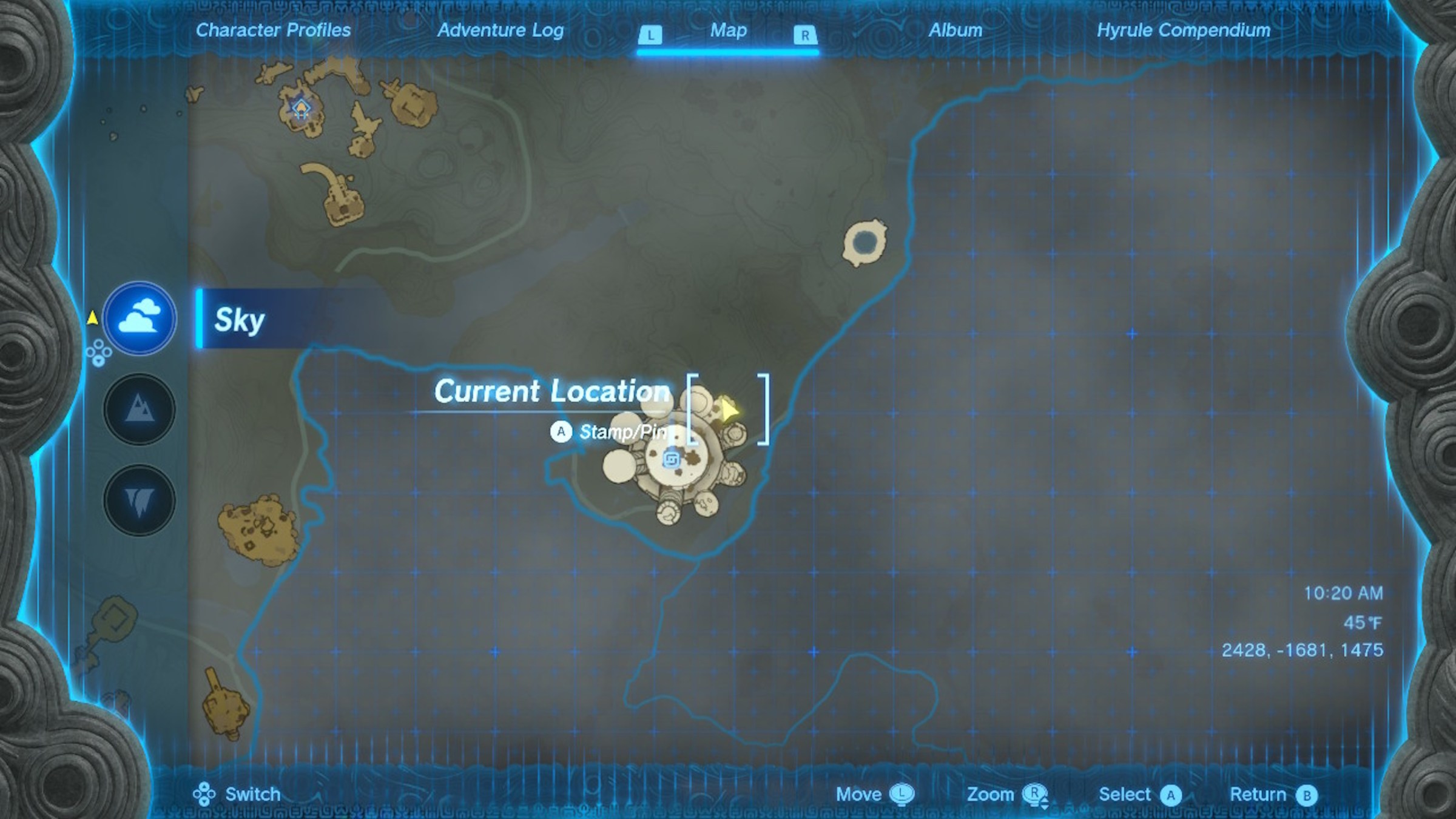 A map shows the location of a sky island containing the Zonaite Armor in Zelda Tears of the Kingdom.