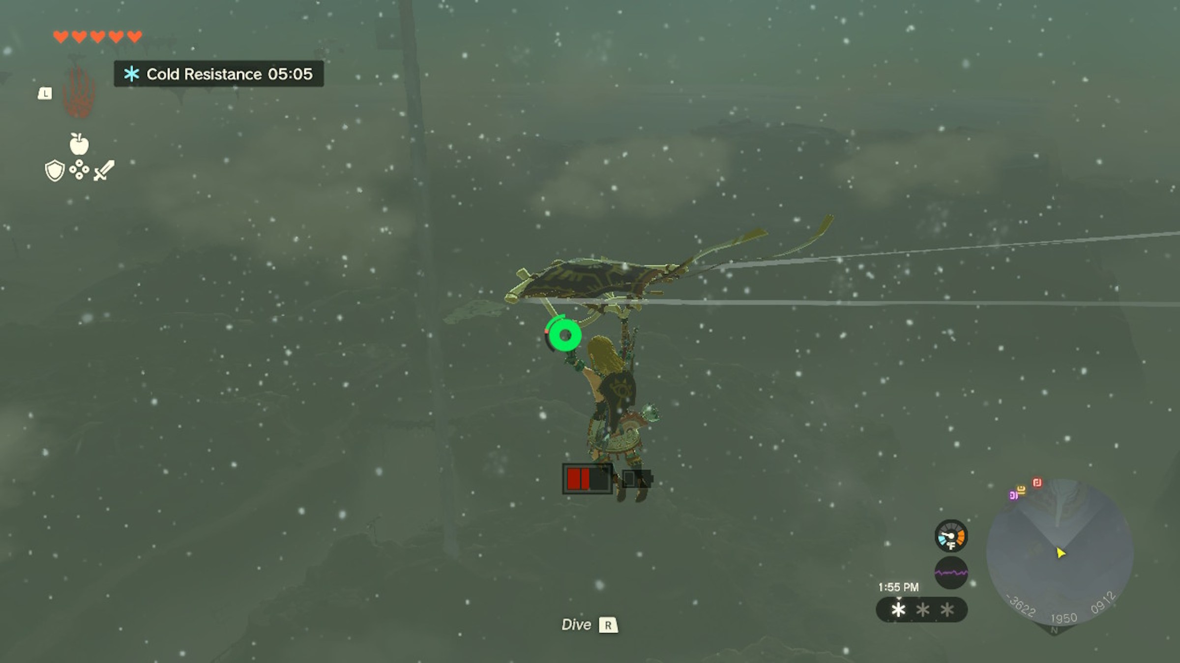 Link glides toward a waterfall in the distance in Zelda Tears of the Kingdom.