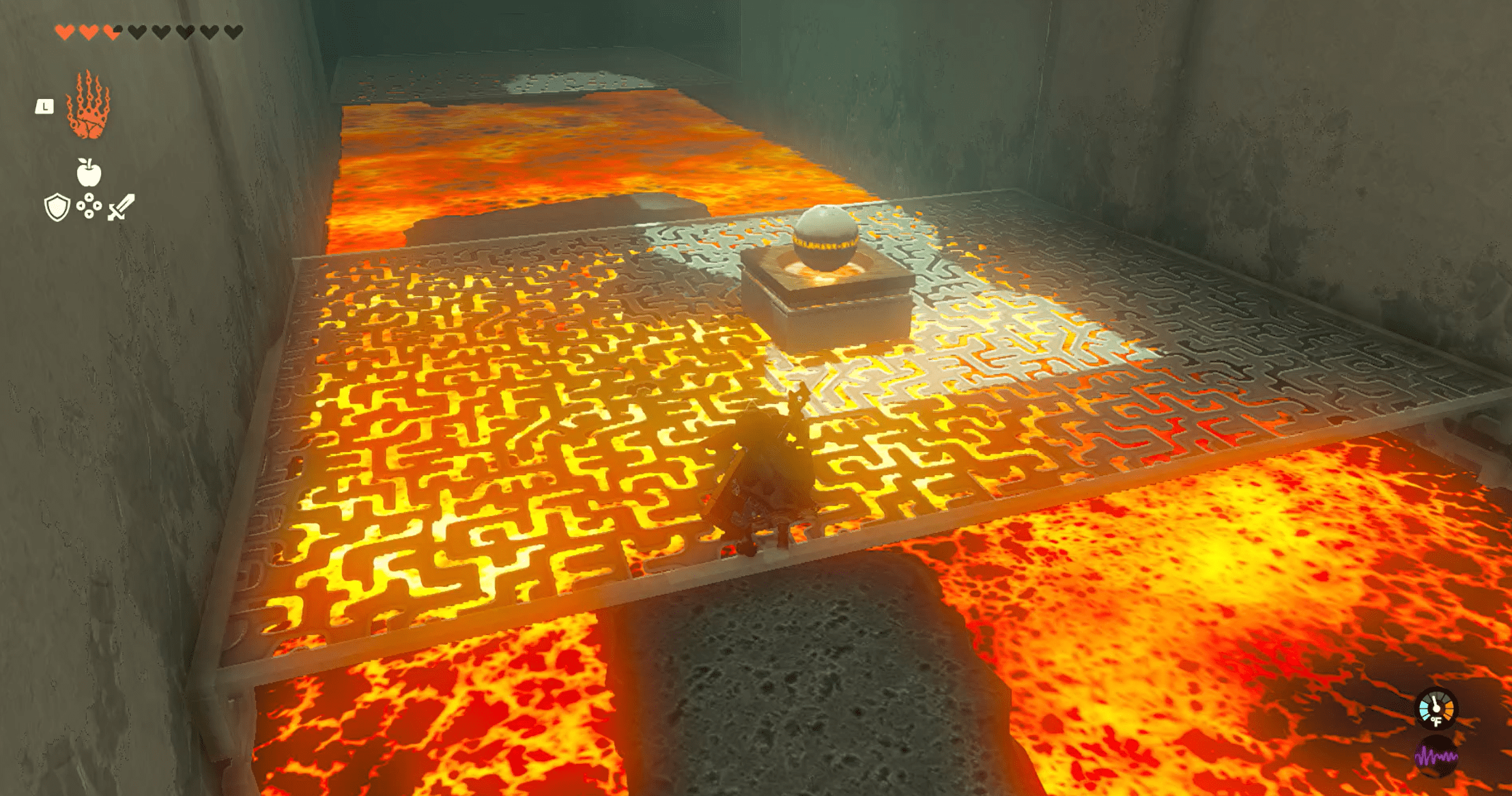 The Legend of Zelda: Tears of the Kingdom’s Timawak Shrine — Link standing on a platform over a pit of fire