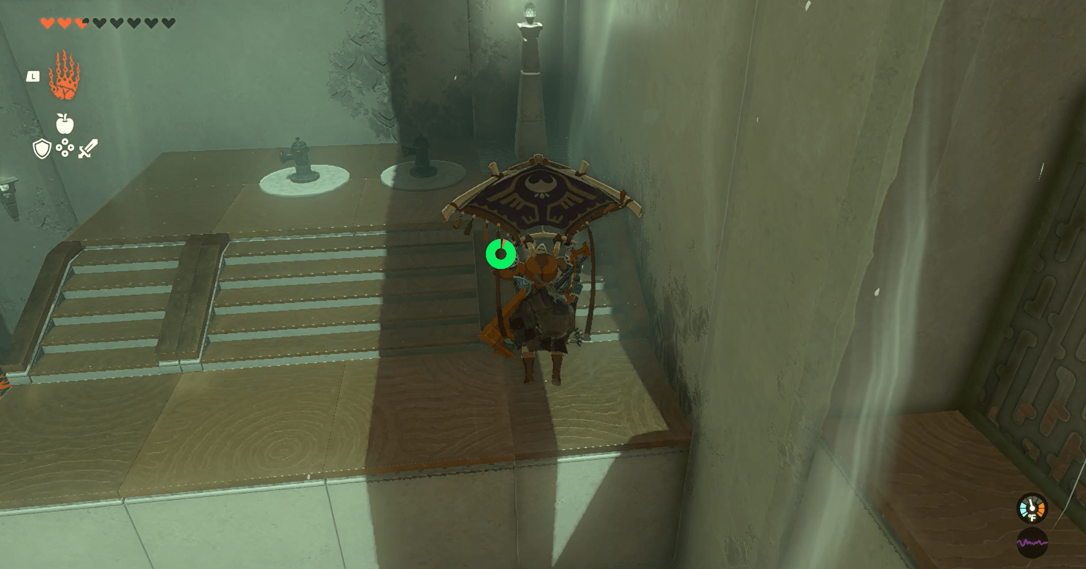 Link using his glider to get up to a high place in The Legend of Zelda: Tears of the Kingdom’s Timawak Shrine