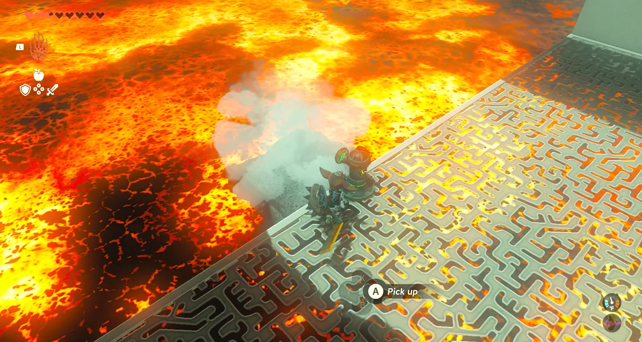 A water spout created some rock in a pit of fire in The Legend of Zelda: Tears of the Kingdom’s Timawak Shrine