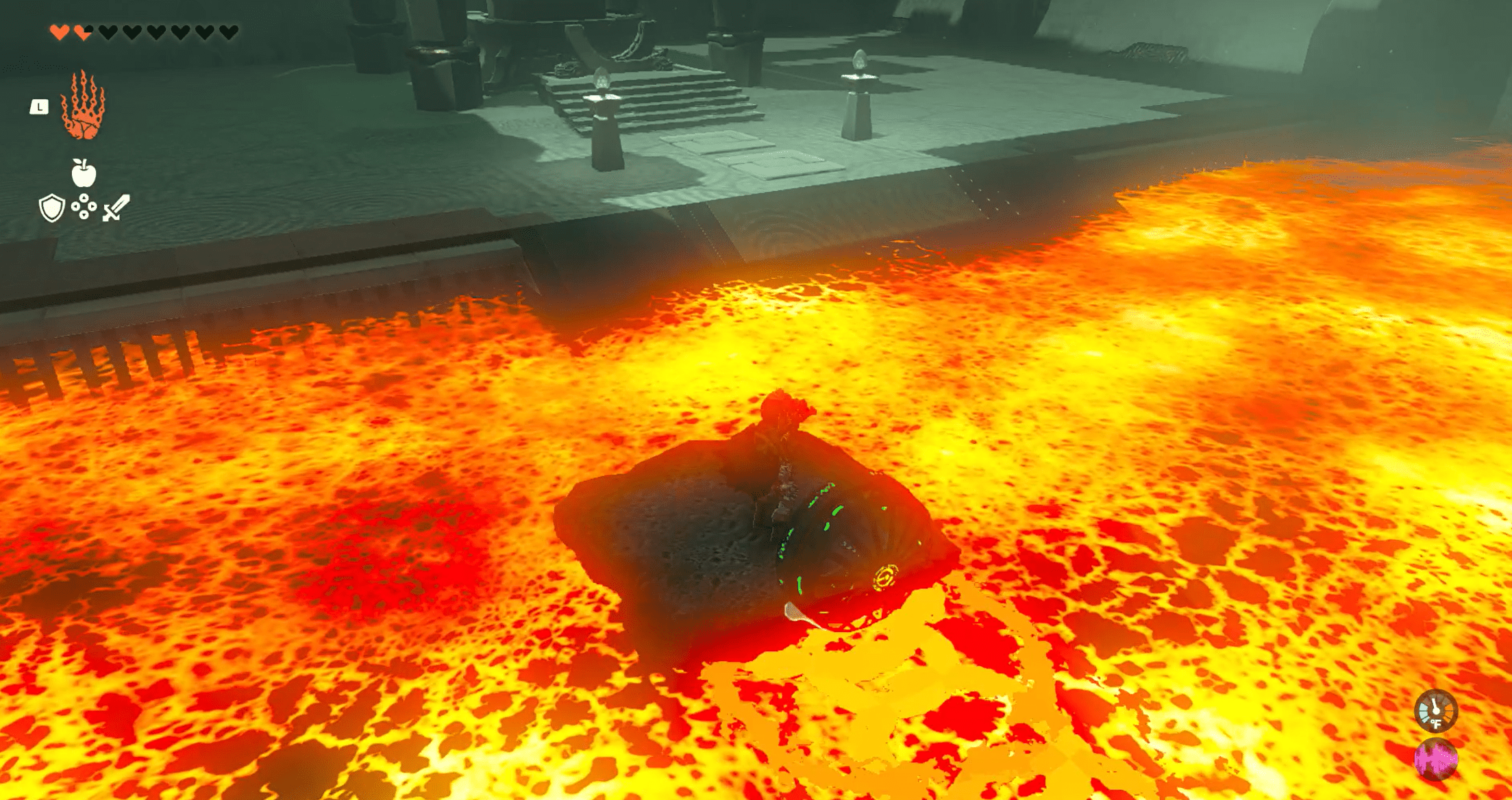 Link rides a boat over a pit of fire in The Legend of Zelda: Tears of the Kingdom’s Timawak Shrine