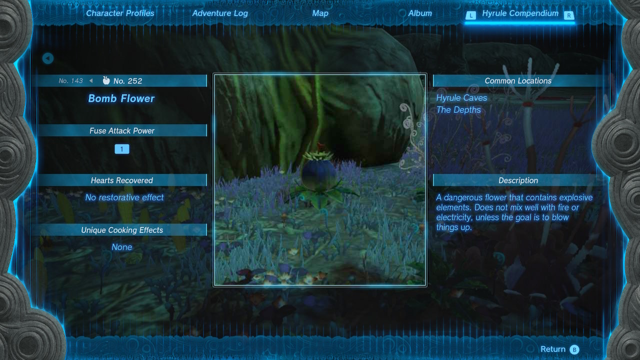 A menu in Zelda Tears of the Kingdom shows details about bomb flowers.