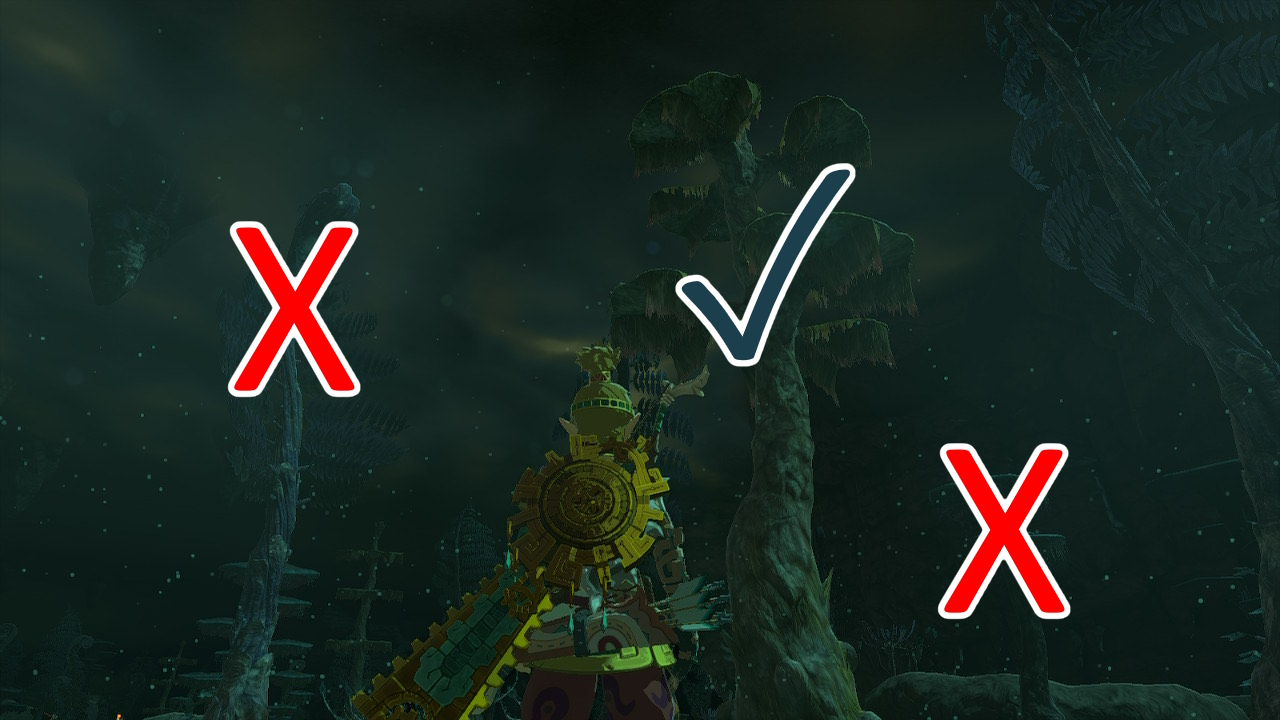 Link stares at three trees containing bomb flowers in the Depths in Zelda Tears of the Kingdom.