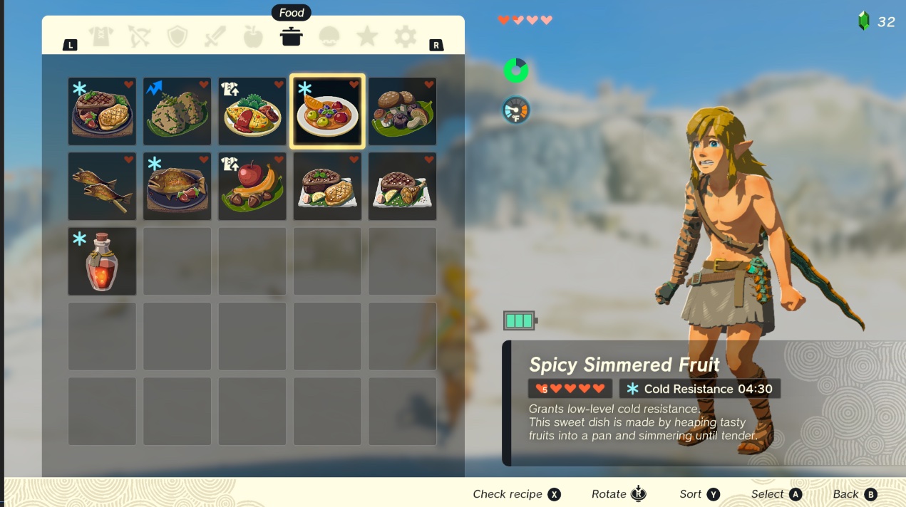 Link cooks a dish with spicy peppers in a menu in Zelda Tears of the Kingdom.
