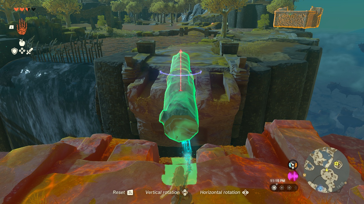 Link places a giant log between two ledges on the Great Sky Island in Zelda Tears of the Kingdom.
