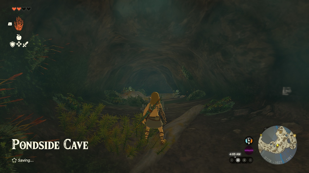 Link stands at the entrance to the Pondside Cave of Great Sky Island in Zelda Tears of the Kingdom.